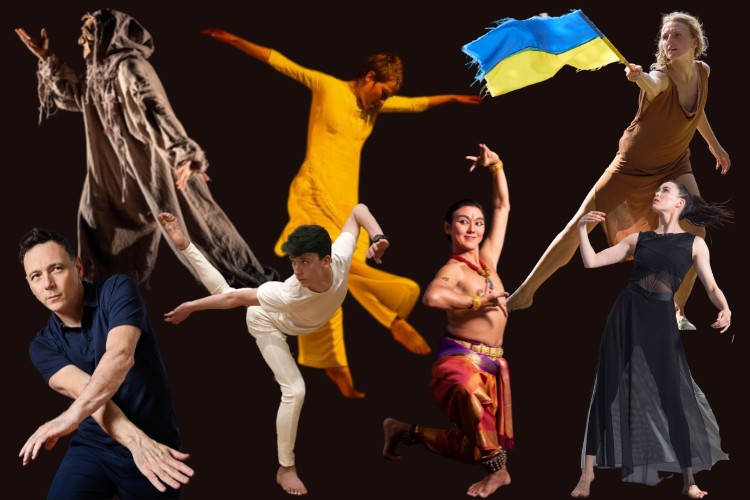 a photo collage of seven different daners floating against a black back ground represented are theatrical dancing, modern dance from early times to present and classical indian dance 